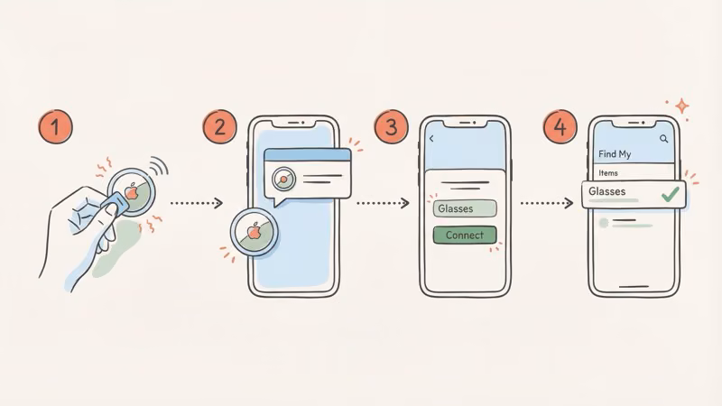 Four-step setup flow: pull AirTag tab, hold near iPhone, name it Glasses, see it in Find My Items