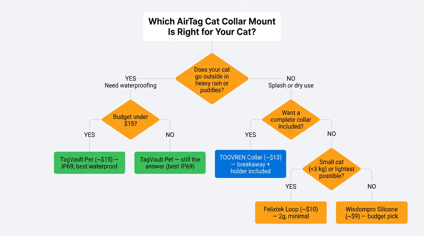Decision flowchart - Which AirTag cat collar mount is right for my cat? - branches by