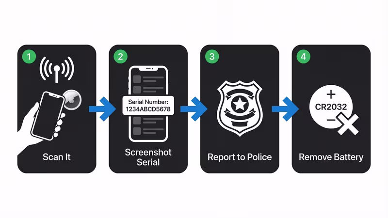 Flowchart showing four steps to take when an unknown AirTag is found on your belongings: scan, photograph serial number, report to police, remove battery
